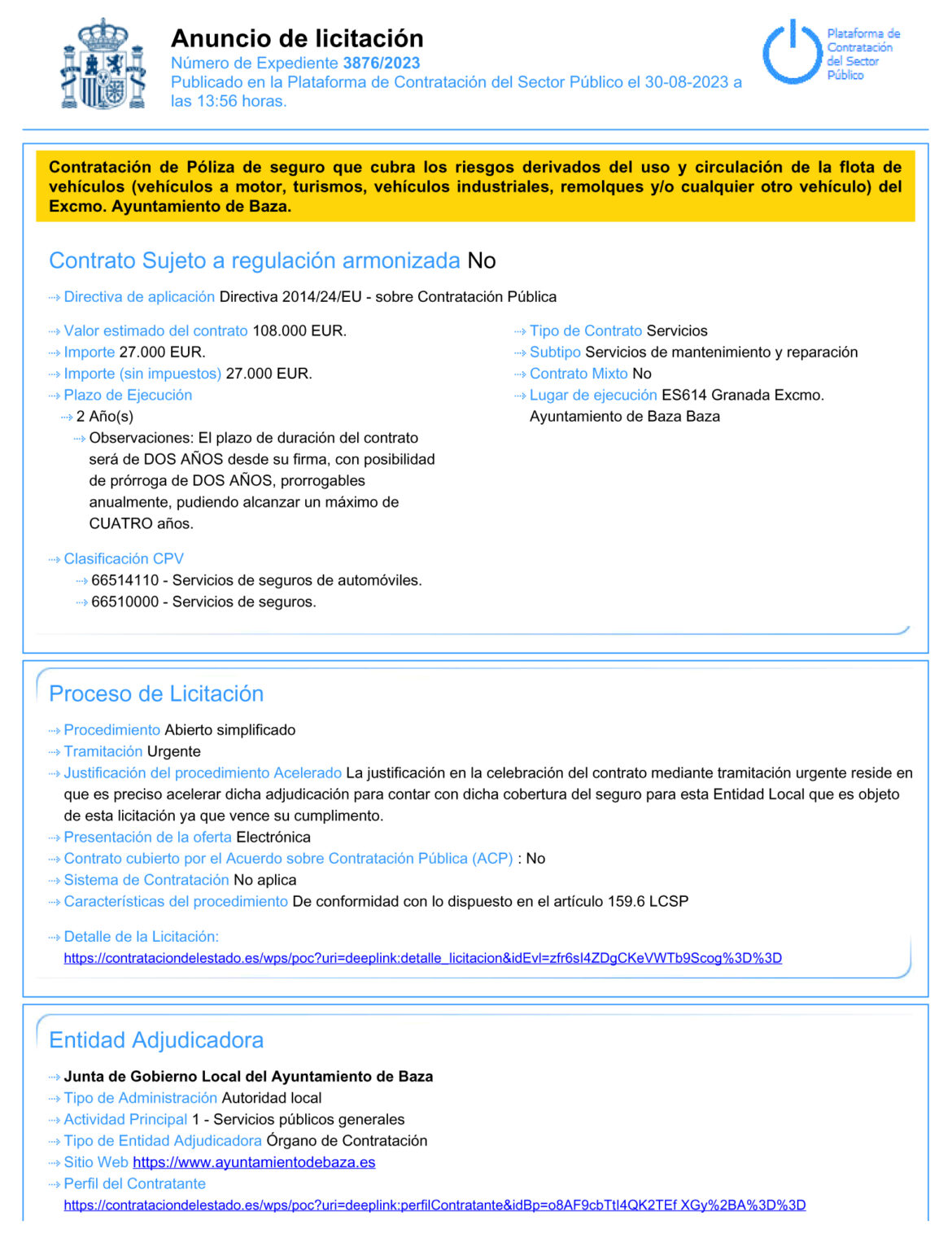 anuncio de licitación póliza seguro vehículos