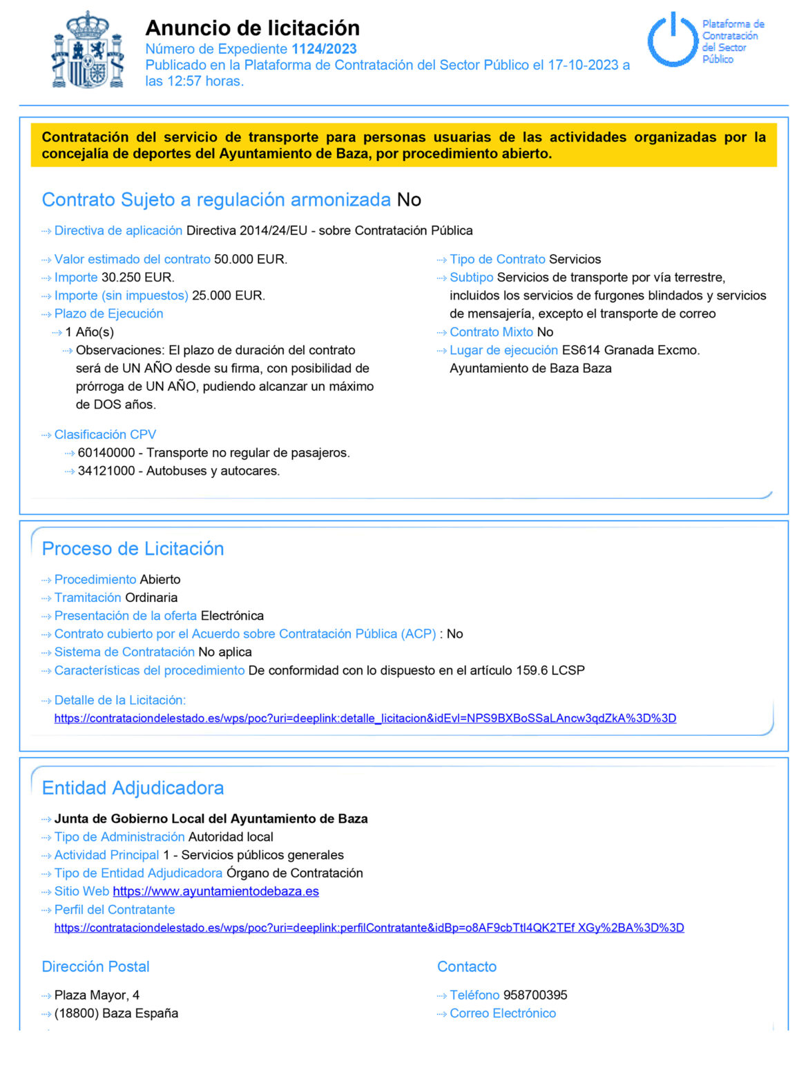 ANUNCIO DE LICITACION TRANSPOTE ACTIVIDADES DEPORTIVAS