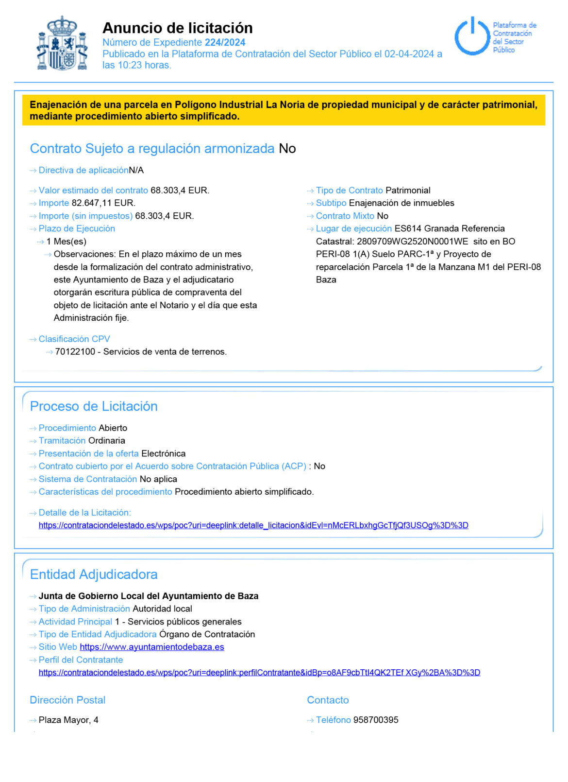 anuncio licitación solar polígono Noria