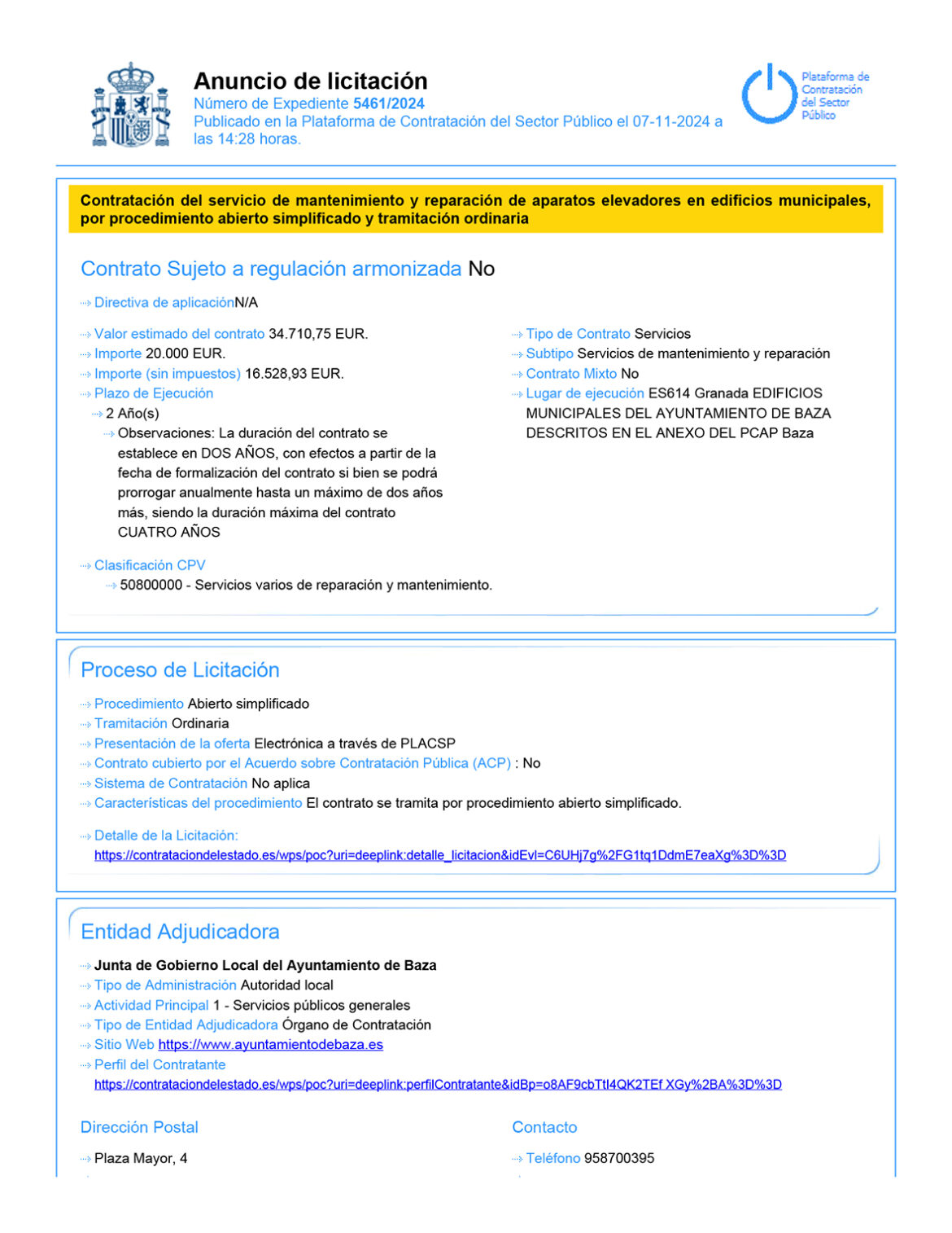 licitación mantenimiento de ascensores